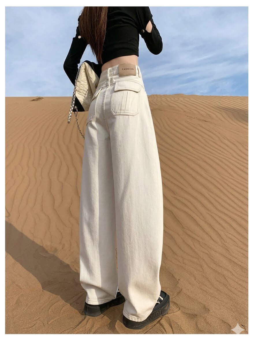 Women's High-Waisted Curved Leg Jeans - Slimming Wide Leg Denim Trousers, Retro Loose Floor Length Pants with Unique Back Pockets