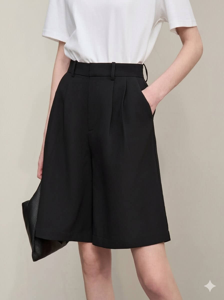 High Waisted Pleated Bermuda Shorts for Women | 2026 Summer Casual Wide-Leg Tailored Shorts Knee-Length Pants
