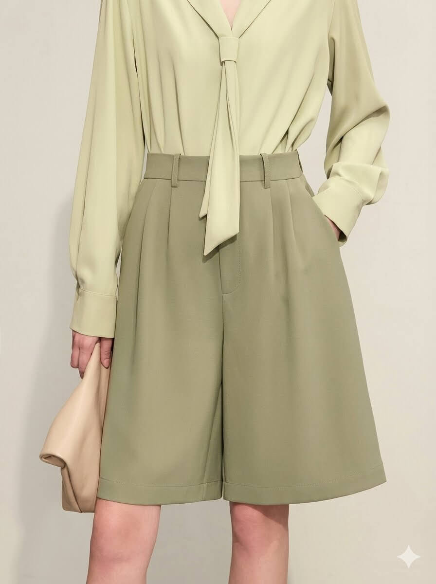 High Waisted Pleated Bermuda Shorts for Women | 2026 Summer Casual Wide-Leg Tailored Shorts Knee-Length Pants