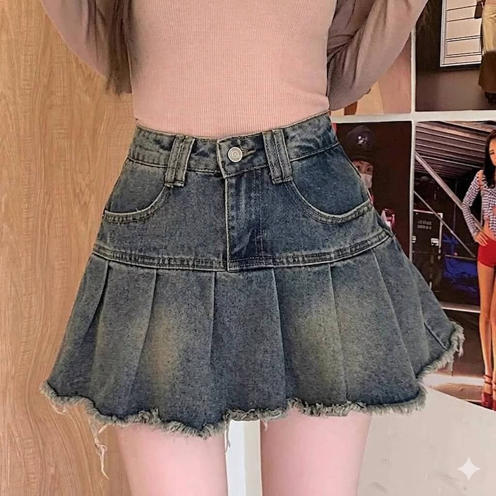 Pleated Denim Mini Skirt - High-Waisted Korean Style Blue Jeans Skirt for Women, Harajuku Punk Aesthetic