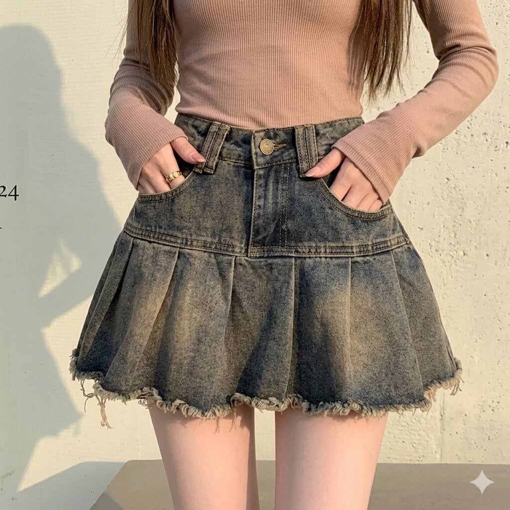 Pleated Denim Mini Skirt - High-Waisted Korean Style Blue Jeans Skirt for Women, Harajuku Punk Aesthetic