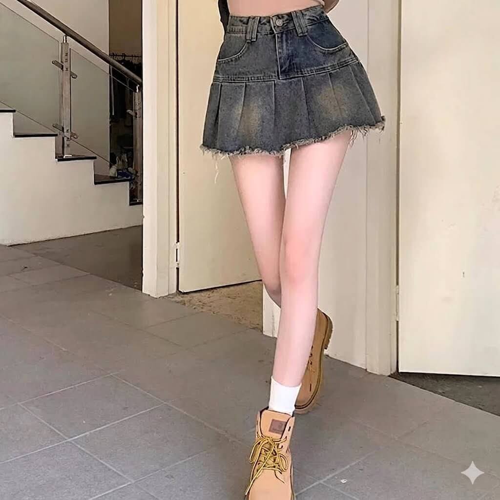 Pleated Denim Mini Skirt - High-Waisted Korean Style Blue Jeans Skirt for Women, Harajuku Punk Aesthetic