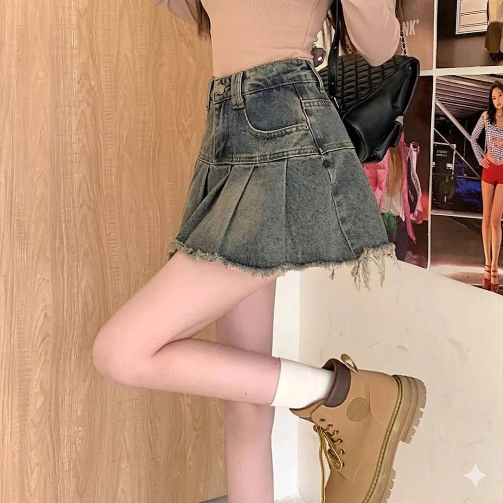 Pleated Denim Mini Skirt - High-Waisted Korean Style Blue Jeans Skirt for Women, Harajuku Punk Aesthetic