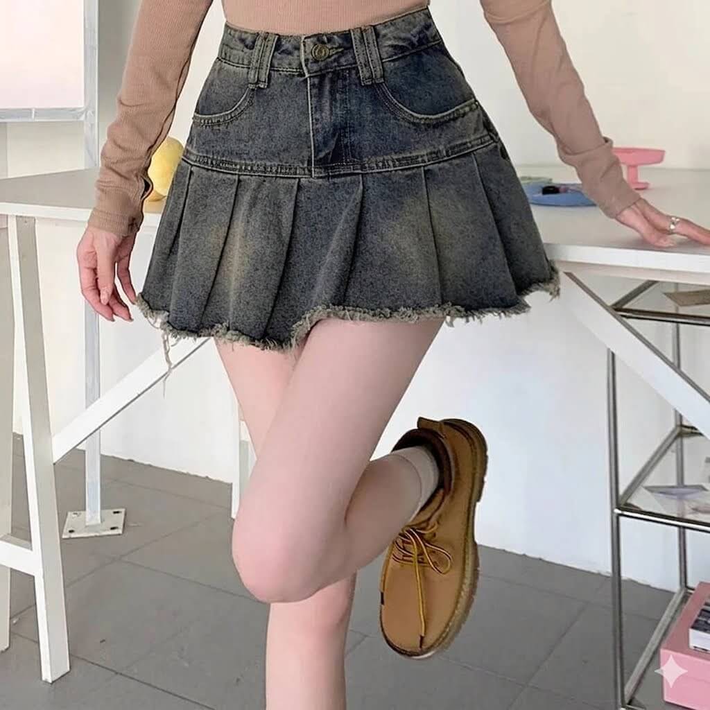 Pleated Denim Mini Skirt - High-Waisted Korean Style Blue Jeans Skirt for Women, Harajuku Punk Aesthetic