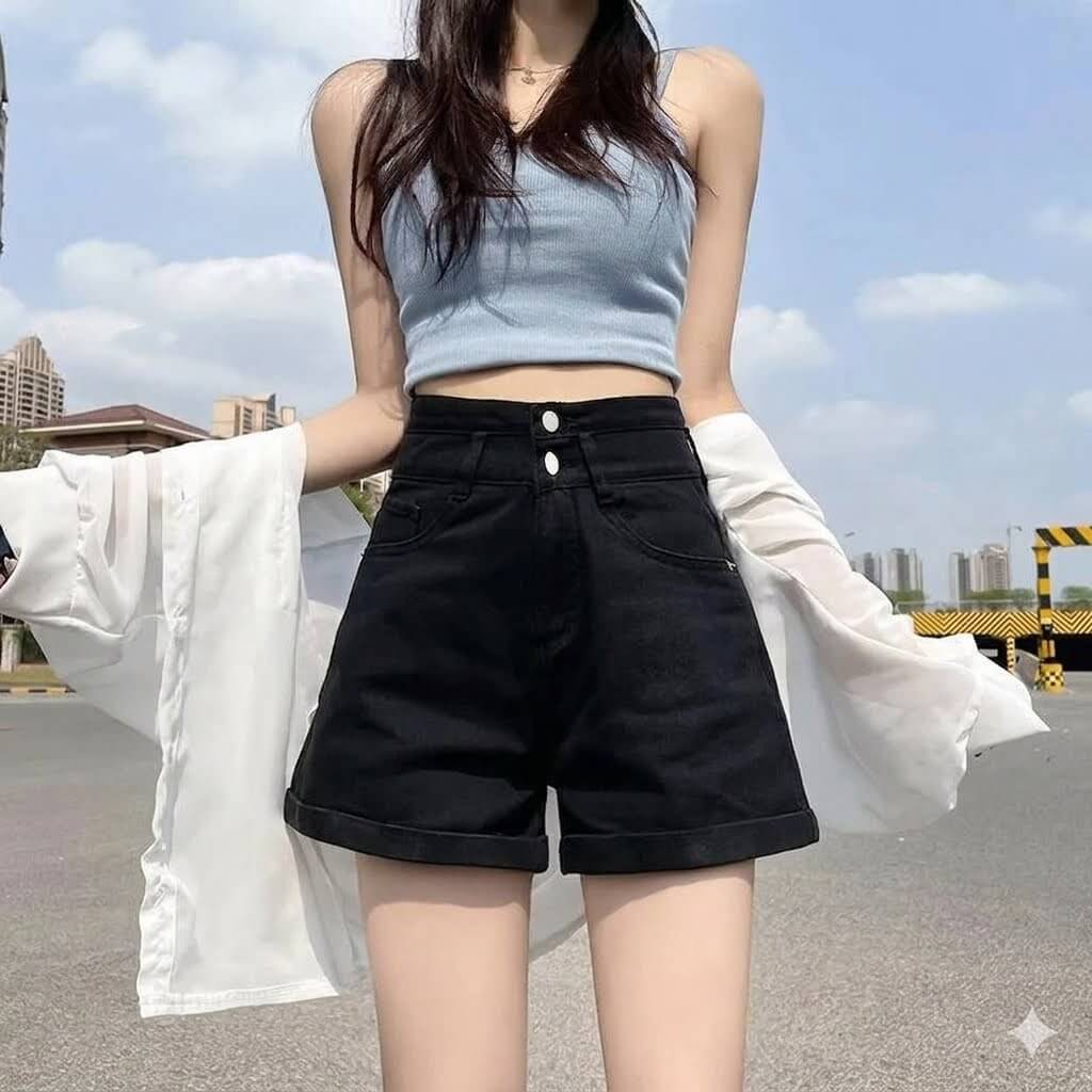 High Waisted Double-Buckled Denim Shorts for Women | Summer Loose Cuffed Wide-Leg Jean Shorts A-Line Trendy Shorts