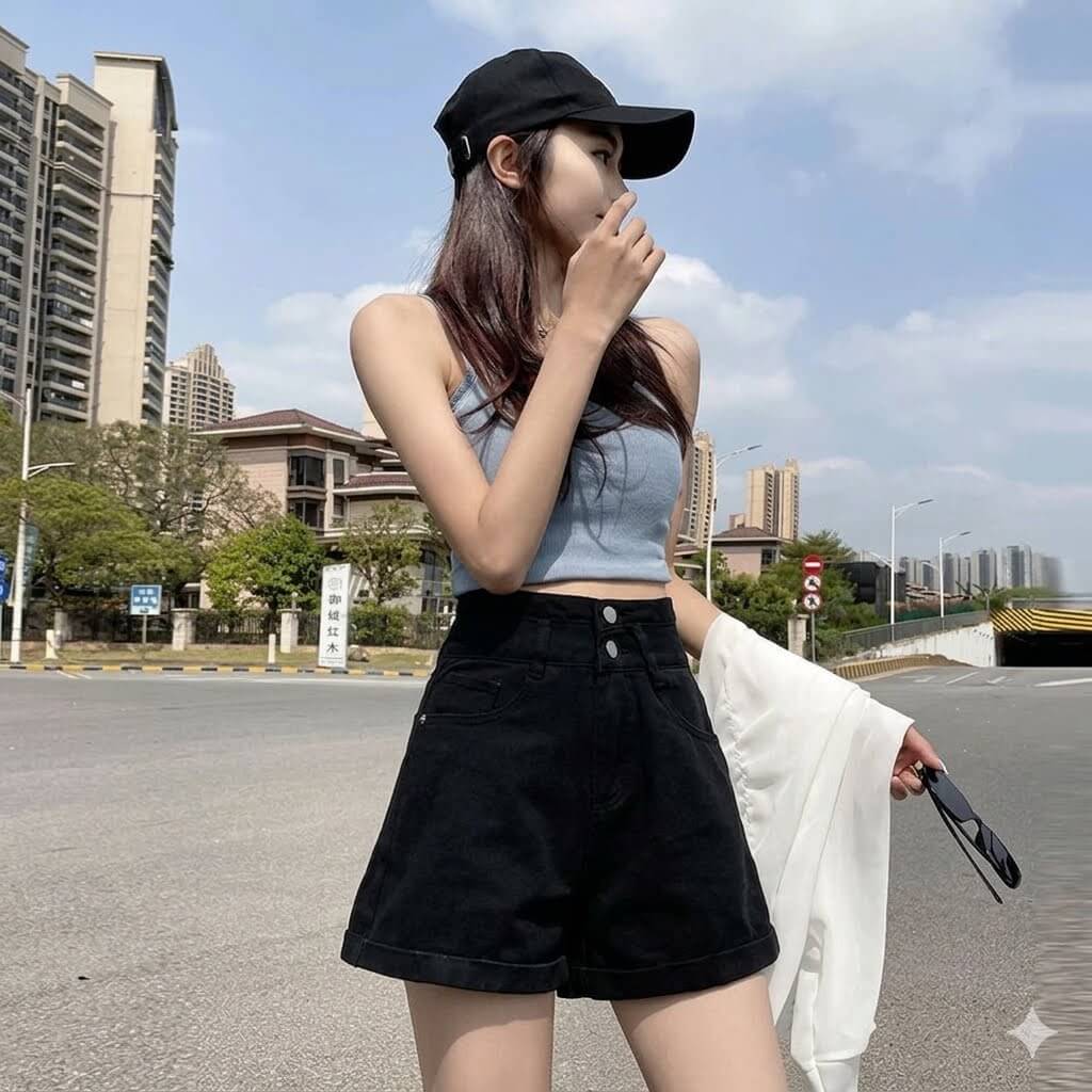 High Waisted Double-Buckled Denim Shorts for Women | Summer Loose Cuffed Wide-Leg Jean Shorts A-Line Trendy Shorts