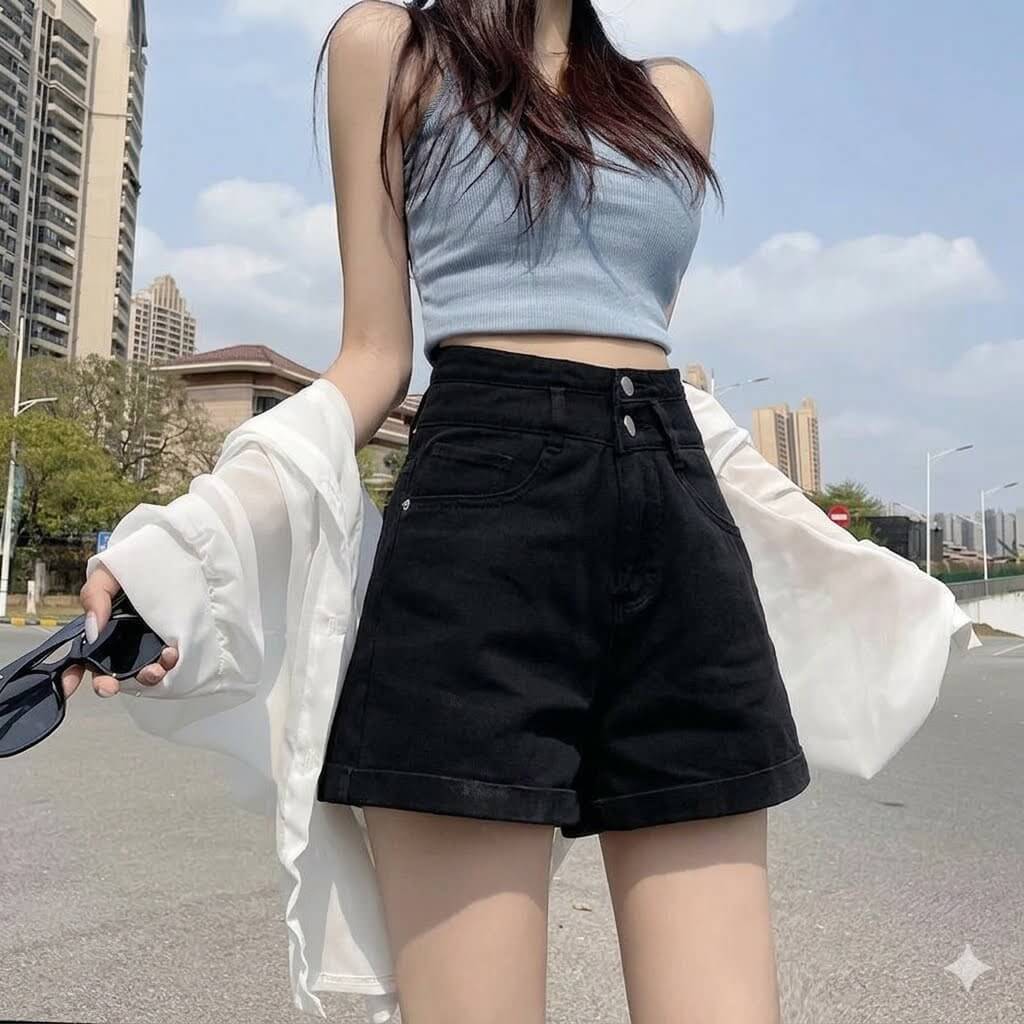 High Waisted Double-Buckled Denim Shorts for Women | Summer Loose Cuffed Wide-Leg Jean Shorts A-Line Trendy Shorts
