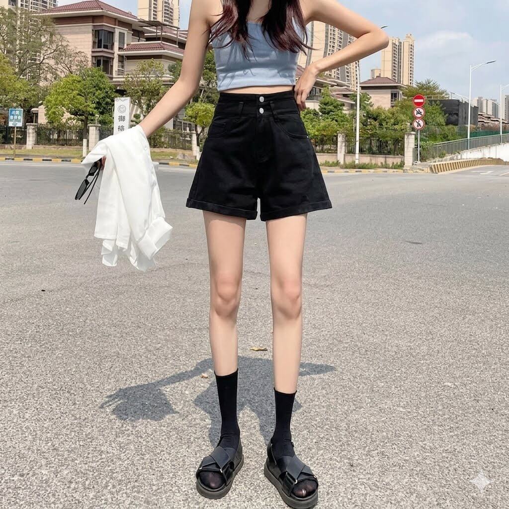 High Waisted Double-Buckled Denim Shorts for Women | Summer Loose Cuffed Wide-Leg Jean Shorts A-Line Trendy Shorts