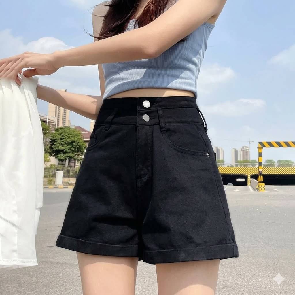 High Waisted Double-Buckled Denim Shorts for Women | Summer Loose Cuffed Wide-Leg Jean Shorts A-Line Trendy Shorts