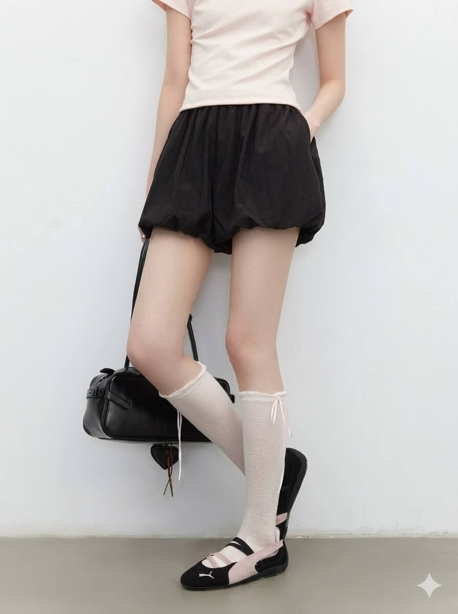 Korean Fashion Elastic High Waist Paperbag Shorts | Women's 2026 Summer Casual Flower Bud Wide Leg Culottes