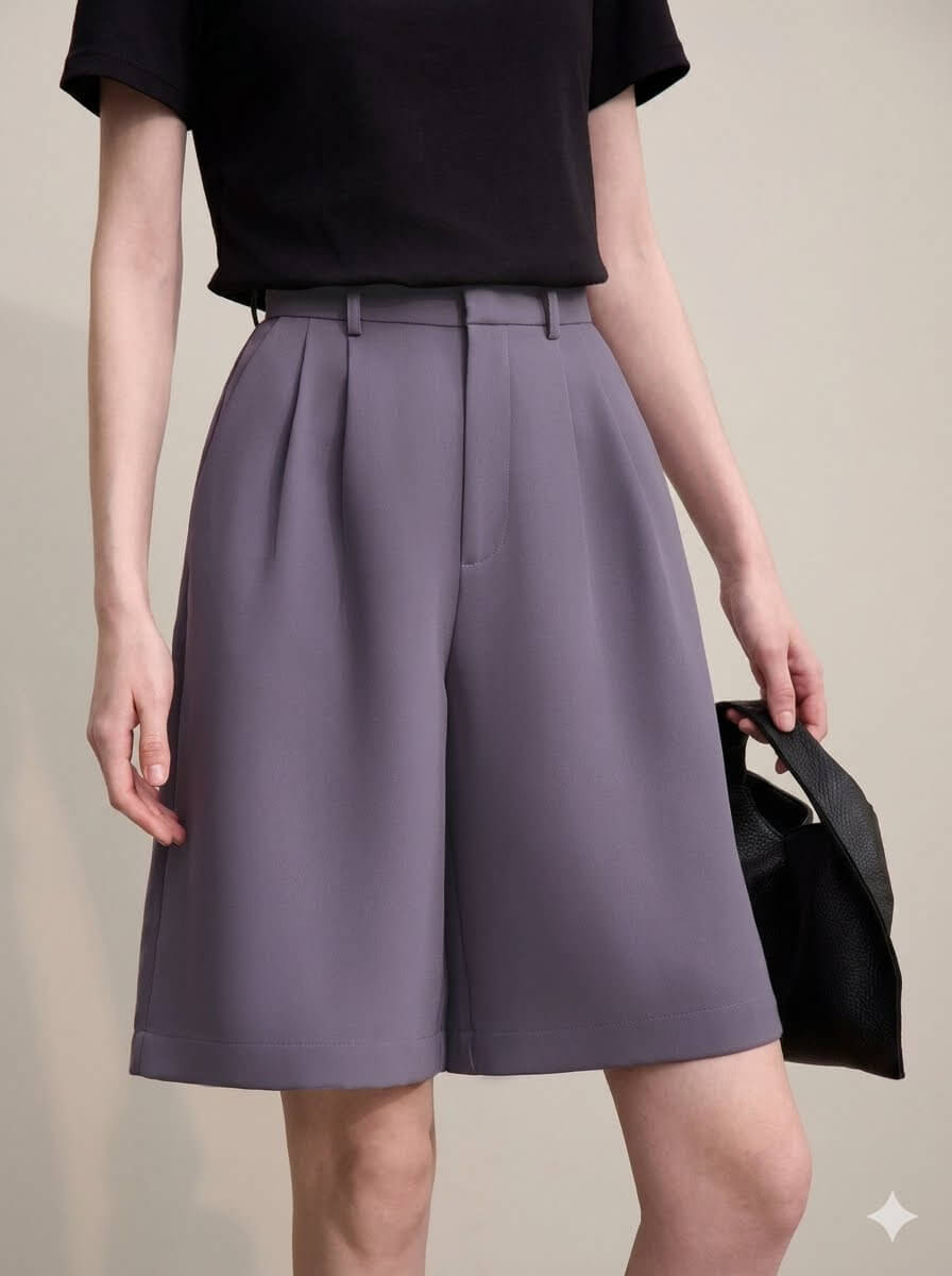 High Waisted Pleated Bermuda Shorts for Women | 2026 Summer Casual Wide-Leg Tailored Shorts Knee-Length Pants