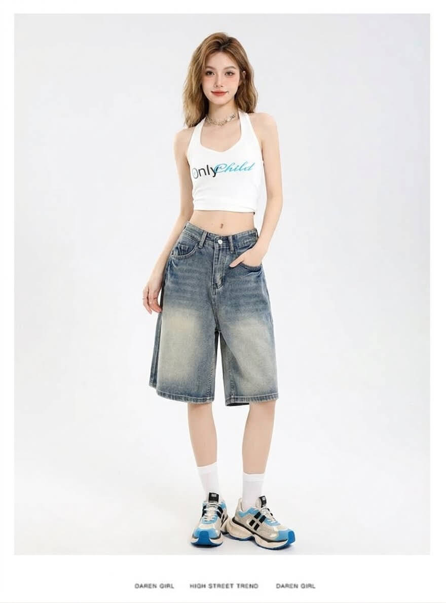 Korean Streetwear  Baggy Denim Shorts - Women's Loose Wide-Leg Straight Jeans - Summer Hot Shorts