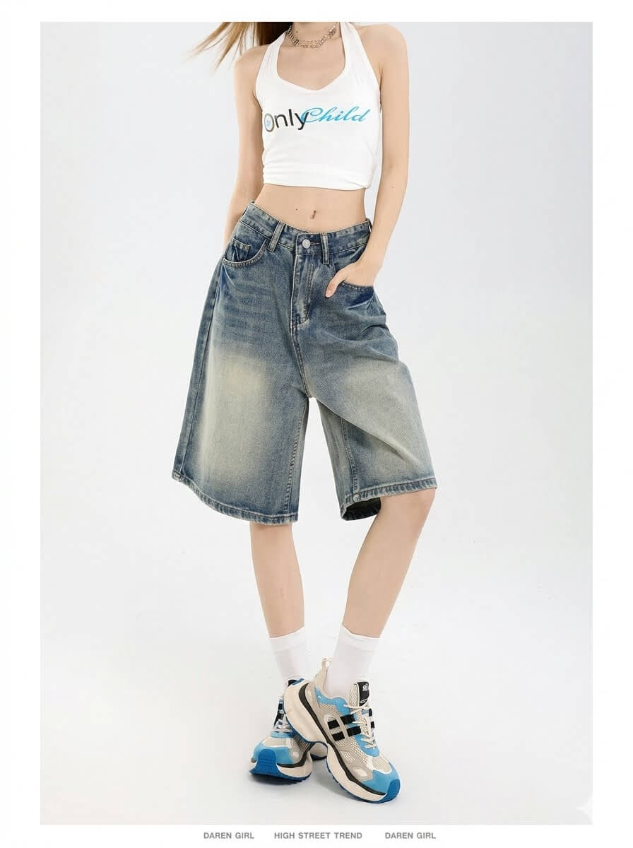Korean Streetwear  Baggy Denim Shorts - Women's Loose Wide-Leg Straight Jeans - Summer Hot Shorts