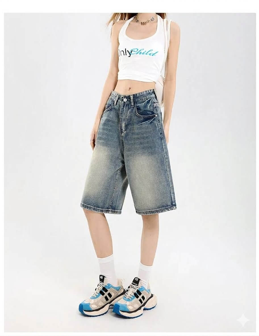 Korean Streetwear  Baggy Denim Shorts - Women's Loose Wide-Leg Straight Jeans - Summer Hot Shorts