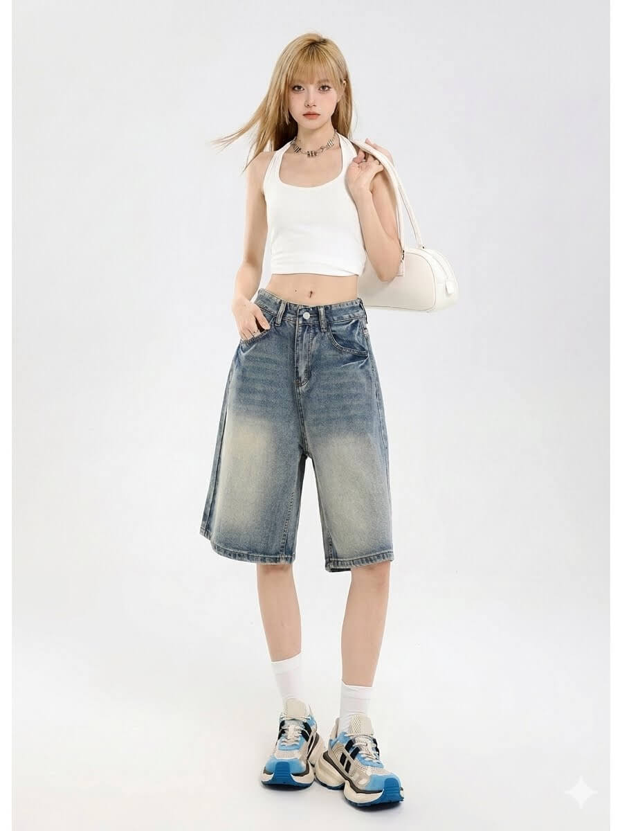 Korean Streetwear  Baggy Denim Shorts - Women's Loose Wide-Leg Straight Jeans - Summer Hot Shorts
