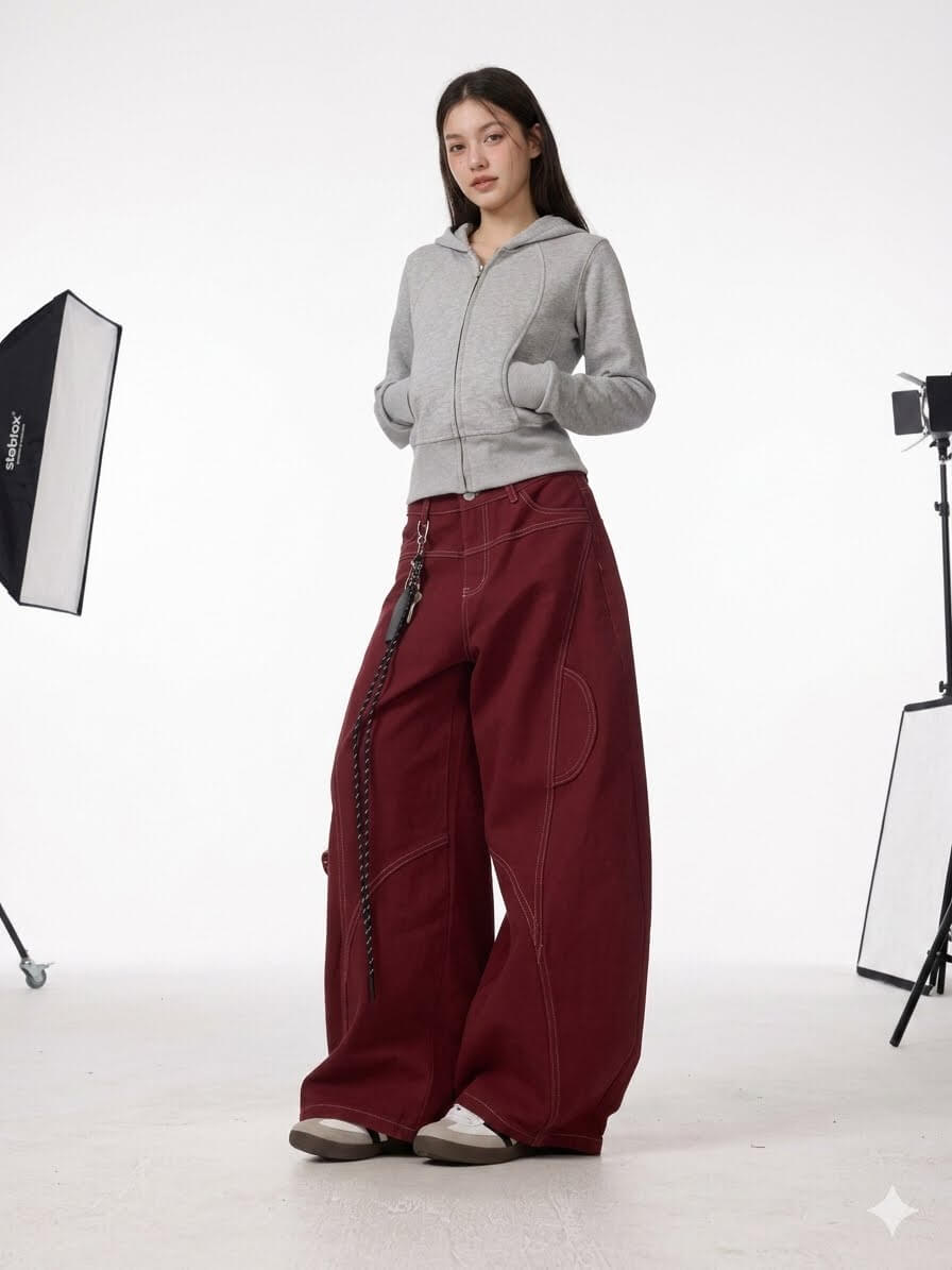 Women's Cargo Red Jeans - Loose Straight Wide Leg Workwear Pants, Korean Style High Waisted Baggy Trousers, Casual Chic Streetwear 2026