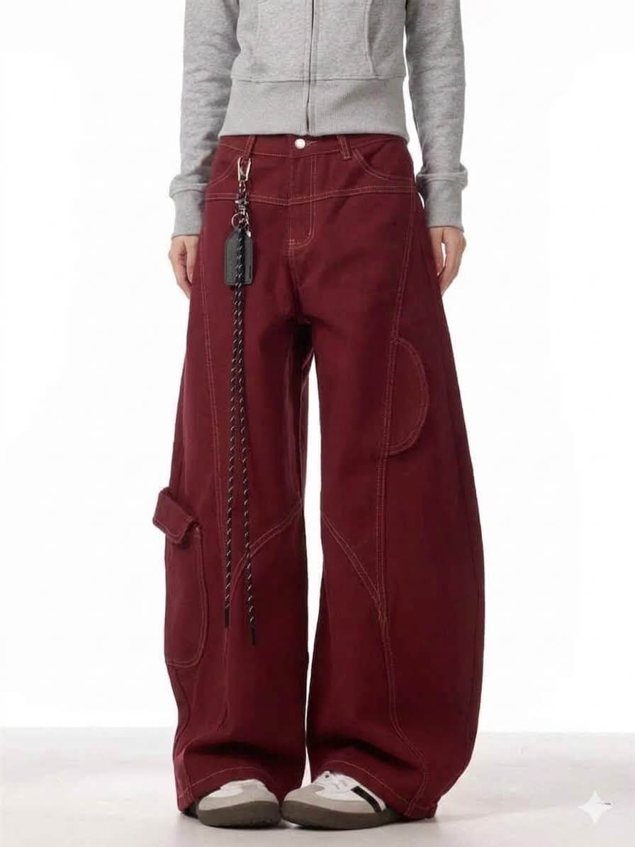 Women's Cargo Red Jeans - Loose Straight Wide Leg Workwear Pants, Korean Style High Waisted Baggy Trousers, Casual Chic Streetwear 2026