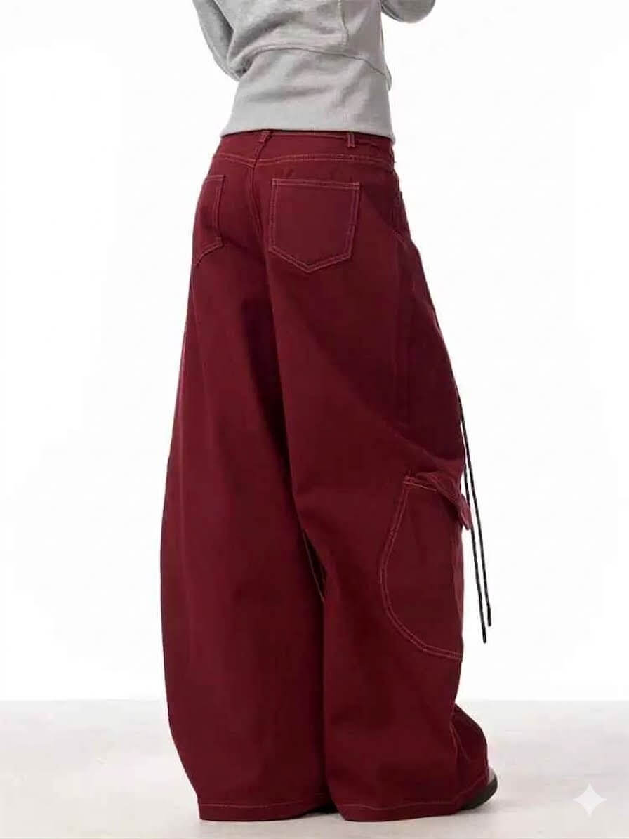 Women's Cargo Red Jeans - Loose Straight Wide Leg Workwear Pants, Korean Style High Waisted Baggy Trousers, Casual Chic Streetwear 2026