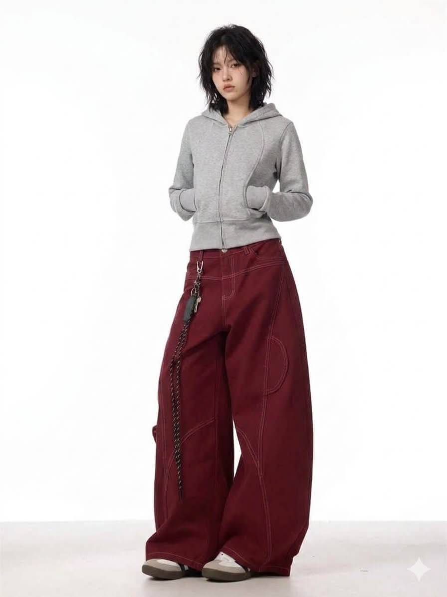 Women's Cargo Red Jeans - Loose Straight Wide Leg Workwear Pants, Korean Style High Waisted Baggy Trousers, Casual Chic Streetwear 2026