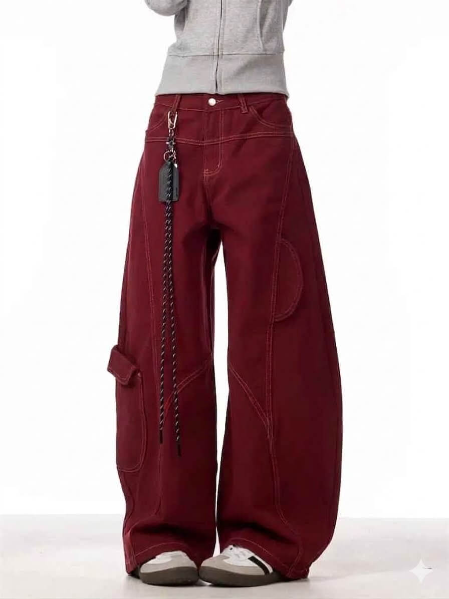 Women's Cargo Red Jeans - Loose Straight Wide Leg Workwear Pants, Korean Style High Waisted Baggy Trousers, Casual Chic Streetwear 2026