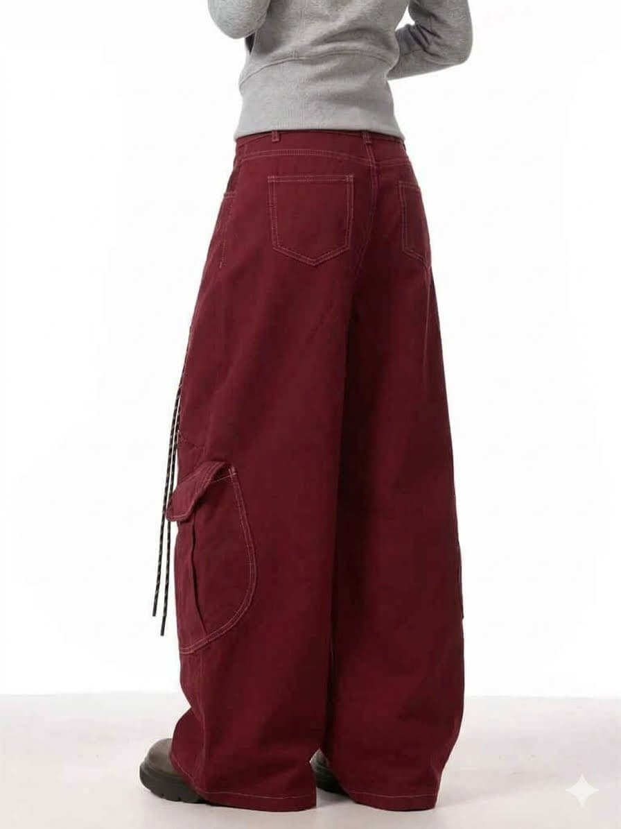 Women's Cargo Red Jeans - Loose Straight Wide Leg Workwear Pants, Korean Style High Waisted Baggy Trousers, Casual Chic Streetwear 2026