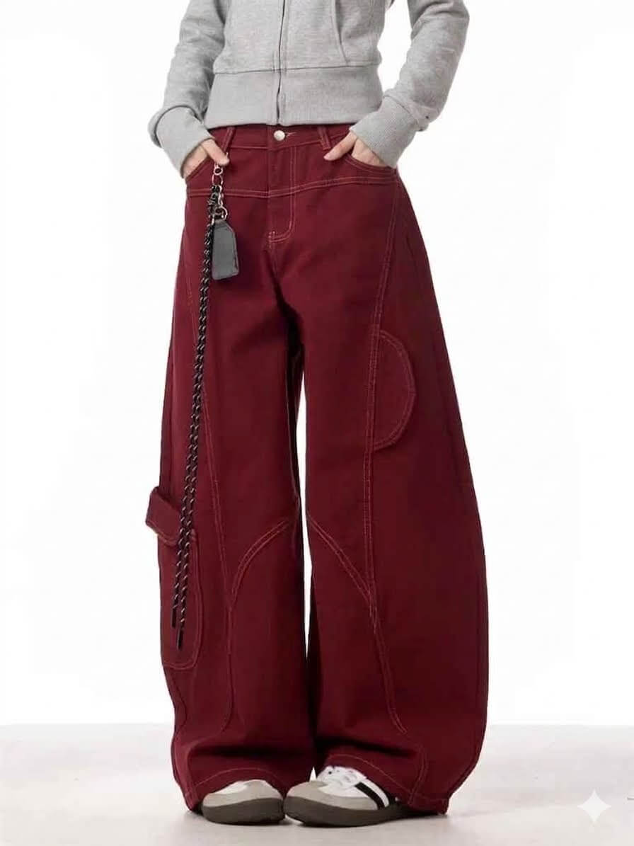 Women's Cargo Red Jeans - Loose Straight Wide Leg Workwear Pants, Korean Style High Waisted Baggy Trousers, Casual Chic Streetwear 2026