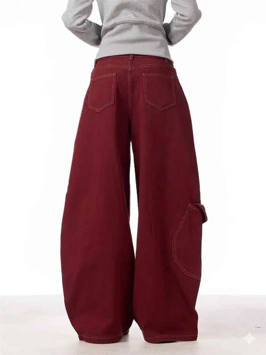 Women's Cargo Red Jeans - Loose Straight Wide Leg Workwear Pants, Korean Style High Waisted Baggy Trousers, Casual Chic Streetwear 2026