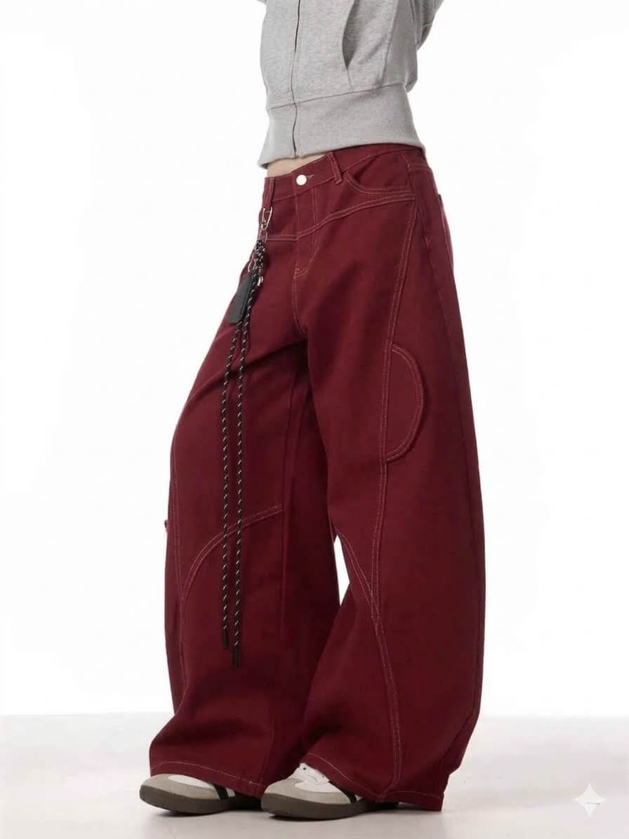Women's Cargo Red Jeans - Loose Straight Wide Leg Workwear Pants, Korean Style High Waisted Baggy Trousers, Casual Chic Streetwear 2026