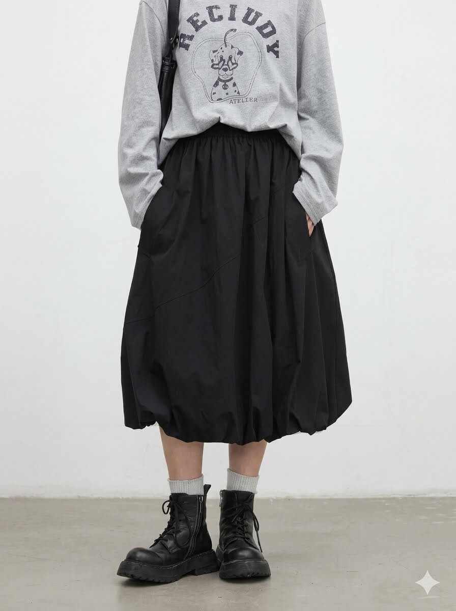Korean Women Black Puff Midi Skirt, Casual Elastic Waist Flower Bud Bubble Skirt for Girls, 2026 Spring Summer New Arrival
