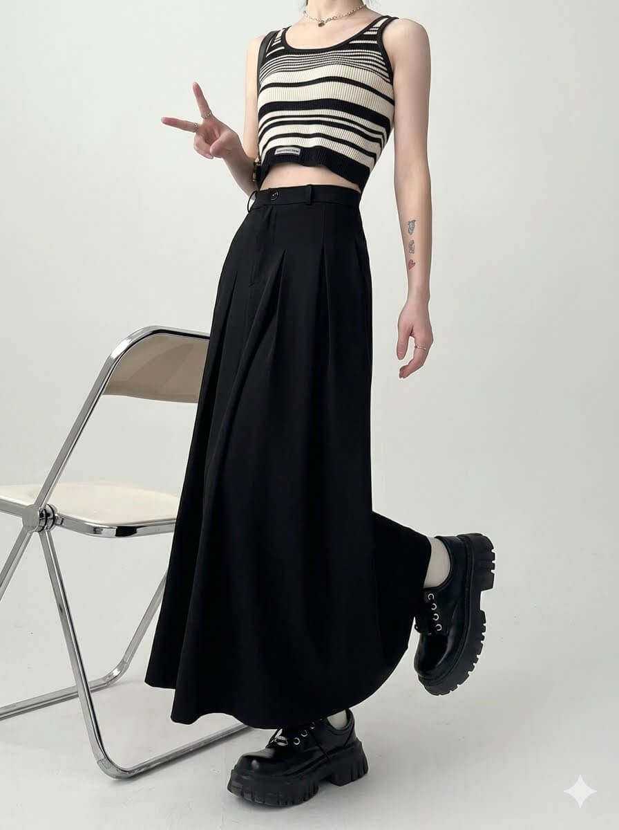 Women's Pleated Maxi Skirt, Casual Draped Suit Fabric Long Skirt with Elastic Waist, Minimalist Soft Slim Elegant Skirt All-Season