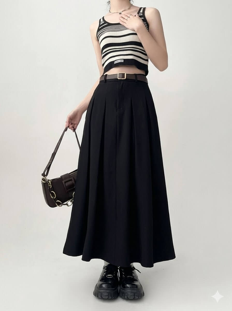 Women's Pleated Maxi Skirt, Casual Draped Suit Fabric Long Skirt with Elastic Waist, Minimalist Soft Slim Elegant Skirt All-Season