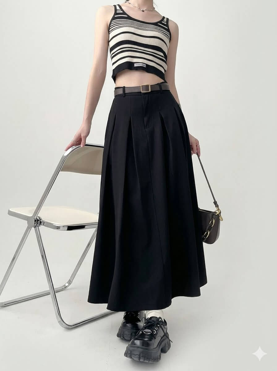 Women's Pleated Maxi Skirt, Casual Draped Suit Fabric Long Skirt with Elastic Waist, Minimalist Soft Slim Elegant Skirt All-Season