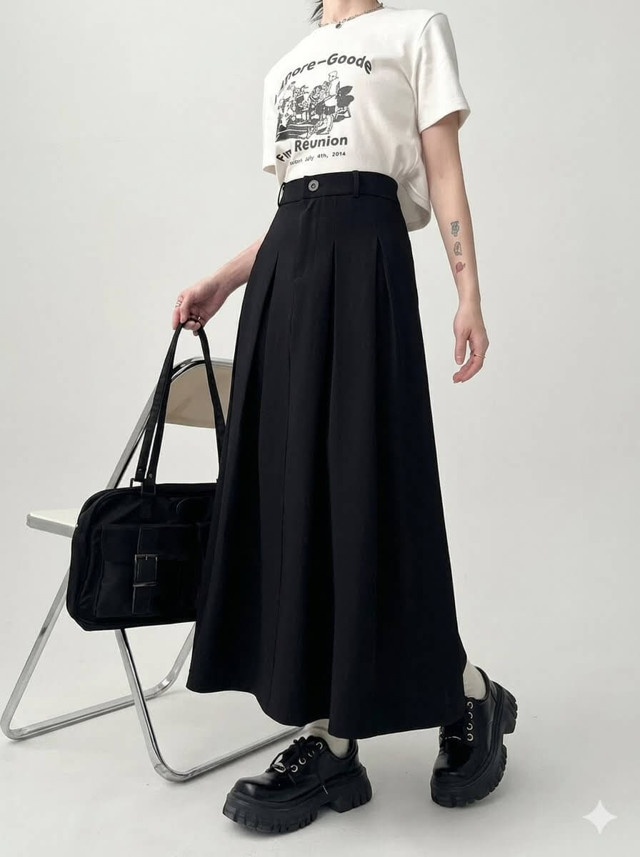 Women's Pleated Maxi Skirt, Casual Draped Suit Fabric Long Skirt with Elastic Waist, Minimalist Soft Slim Elegant Skirt All-Season