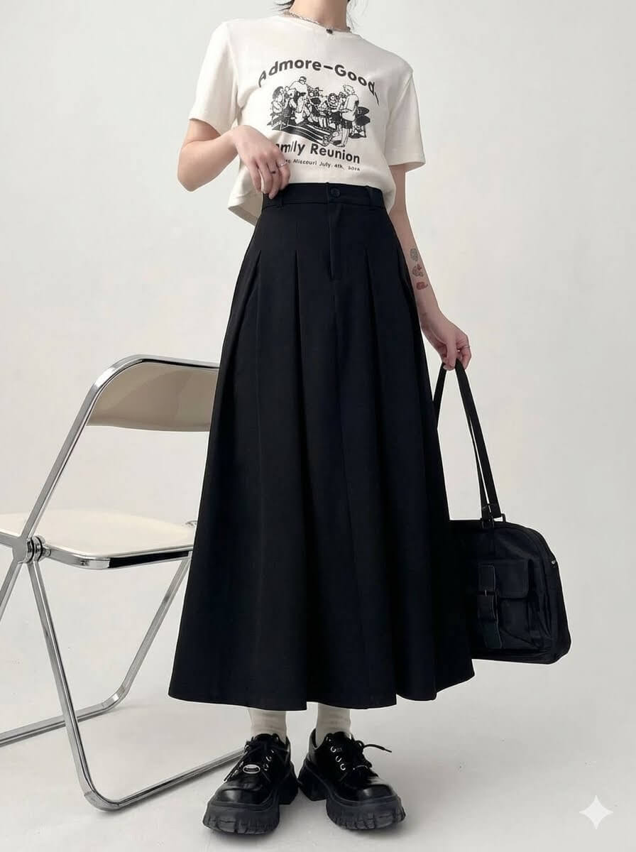 Women's Pleated Maxi Skirt, Casual Draped Suit Fabric Long Skirt with Elastic Waist, Minimalist Soft Slim Elegant Skirt All-Season