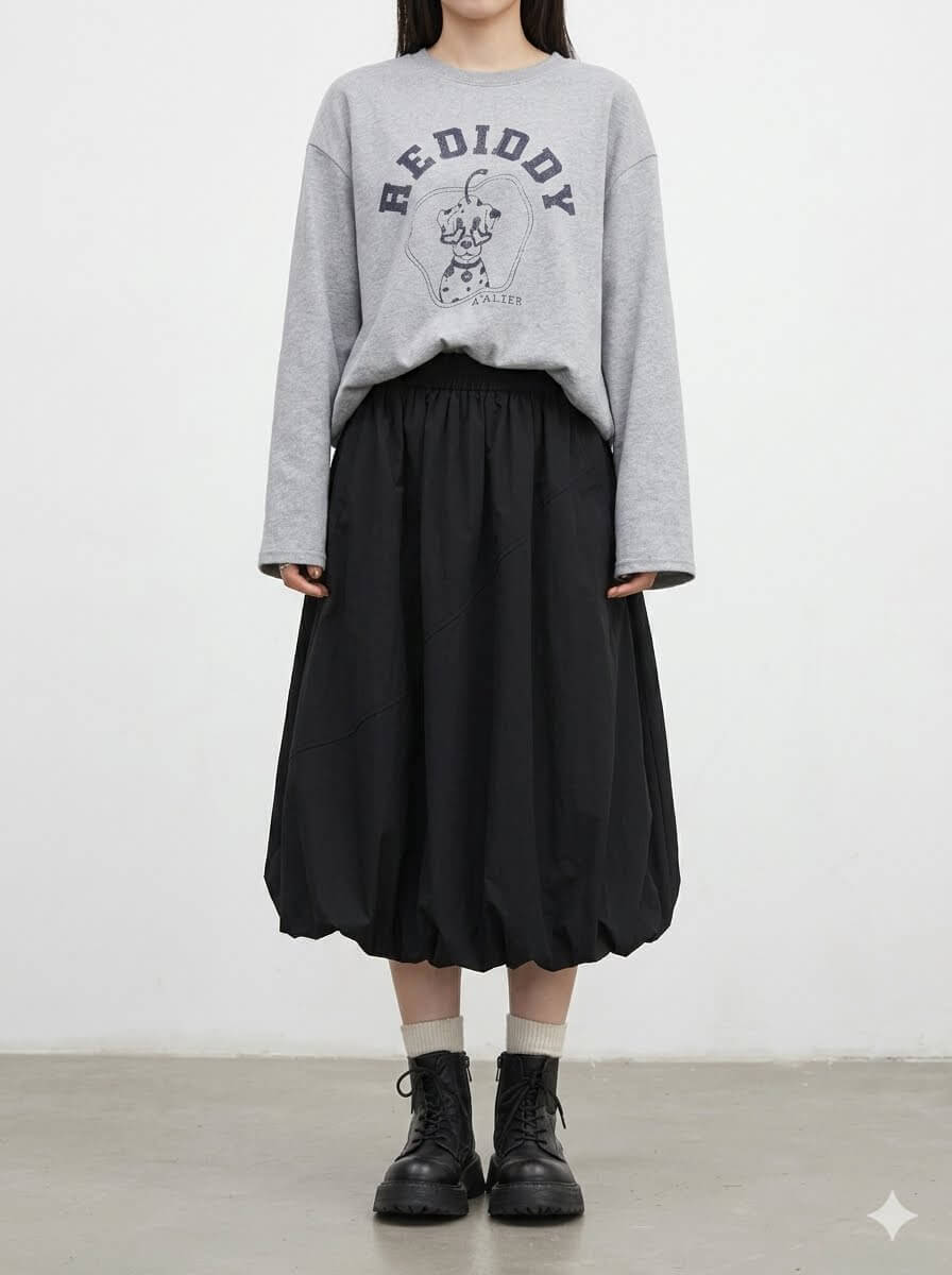 Korean Women Black Puff Midi Skirt, Casual Elastic Waist Flower Bud Bubble Skirt for Girls, 2026 Spring Summer New Arrival
