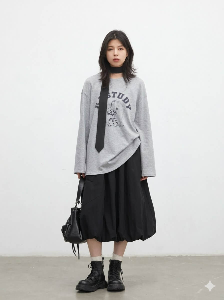 Korean Women Black Puff Midi Skirt, Casual Elastic Waist Flower Bud Bubble Skirt for Girls, 2026 Spring Summer New Arrival