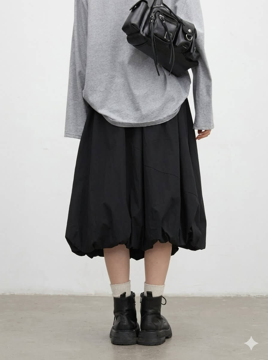 Korean Women Black Puff Midi Skirt, Casual Elastic Waist Flower Bud Bubble Skirt for Girls, 2026 Spring Summer New Arrival