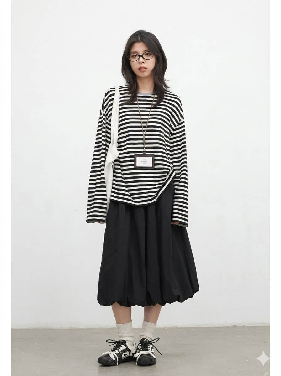 Korean Women Black Puff Midi Skirt, Casual Elastic Waist Flower Bud Bubble Skirt for Girls, 2026 Spring Summer New Arrival