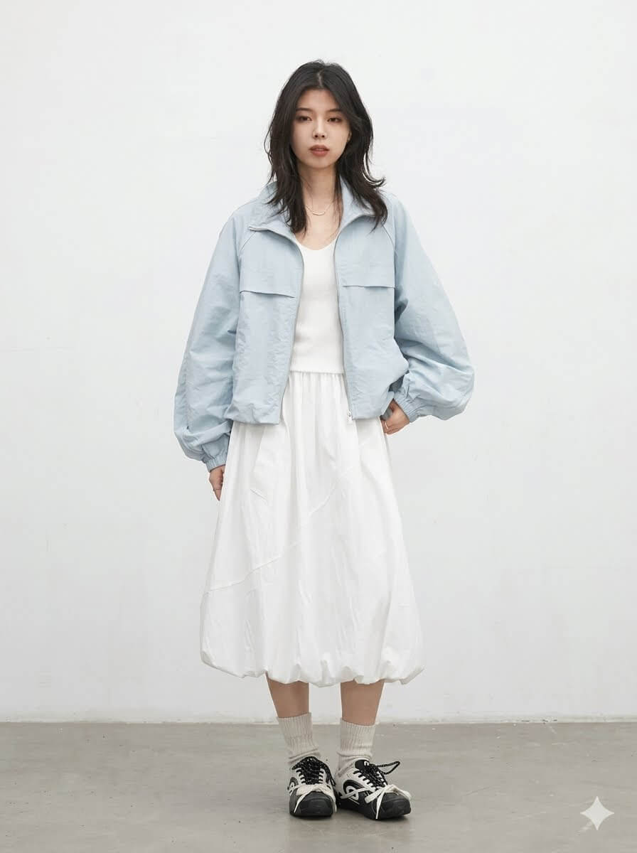 Korean Women Black Puff Midi Skirt, Casual Elastic Waist Flower Bud Bubble Skirt for Girls, 2026 Spring Summer New Arrival