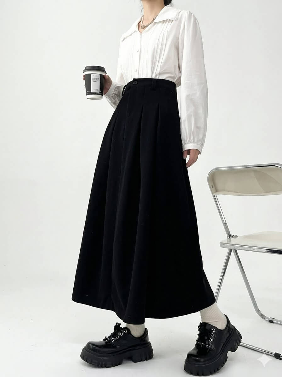 Women's Pleated Maxi Skirt, Casual Draped Suit Fabric Long Skirt with Elastic Waist, Minimalist Soft Slim Elegant Skirt All-Season