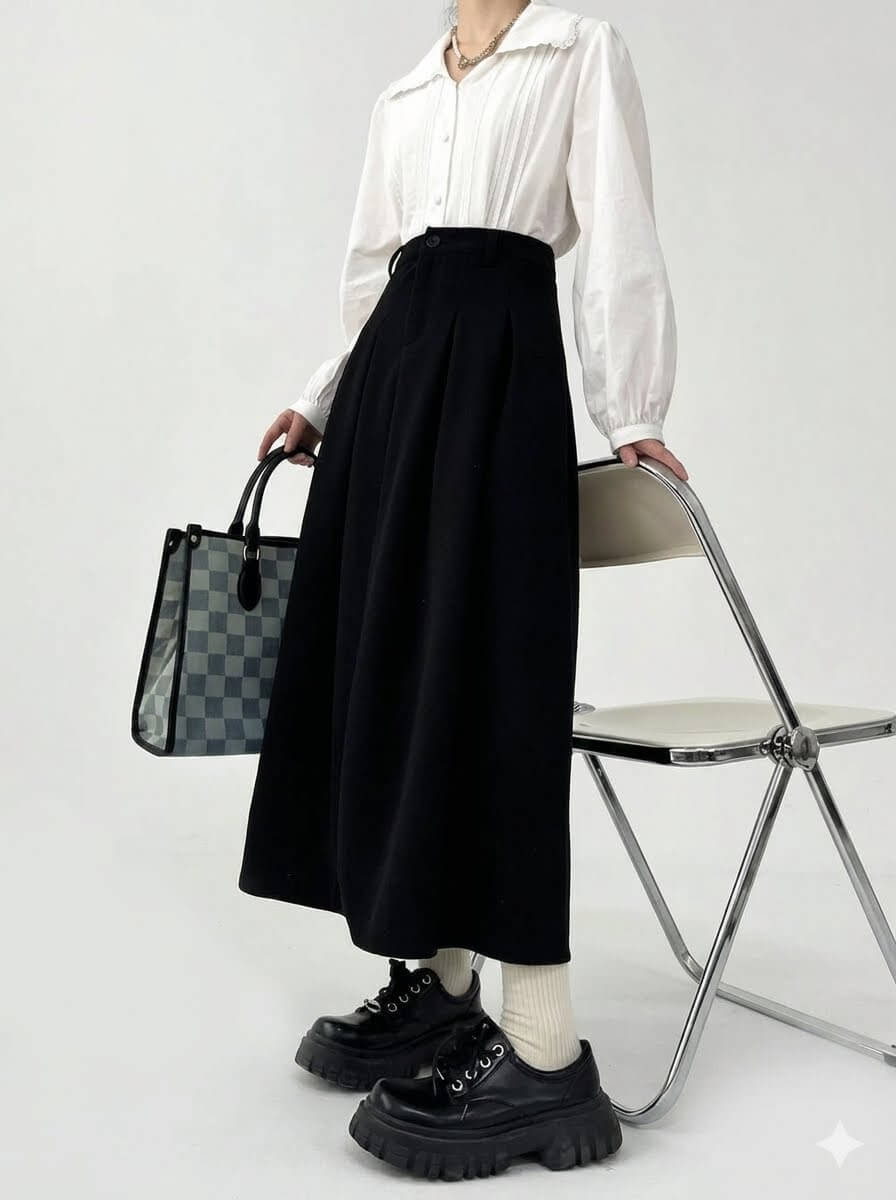 Women's Pleated Maxi Skirt, Casual Draped Suit Fabric Long Skirt with Elastic Waist, Minimalist Soft Slim Elegant Skirt All-Season