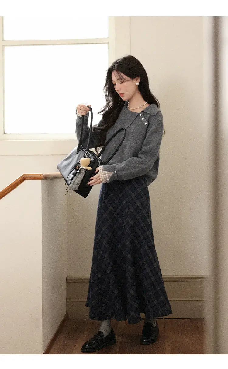 Gray Plaid A-Line Fishtail Midi Skirt with Tassel Trim - High-Waist Checkered Long Skirt for Office & Casual Wear