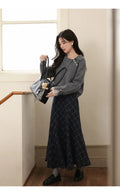 Gray Plaid A-Line Fishtail Midi Skirt with Tassel Trim - High-Waist Checkered Long Skirt for Office & Casual Wear