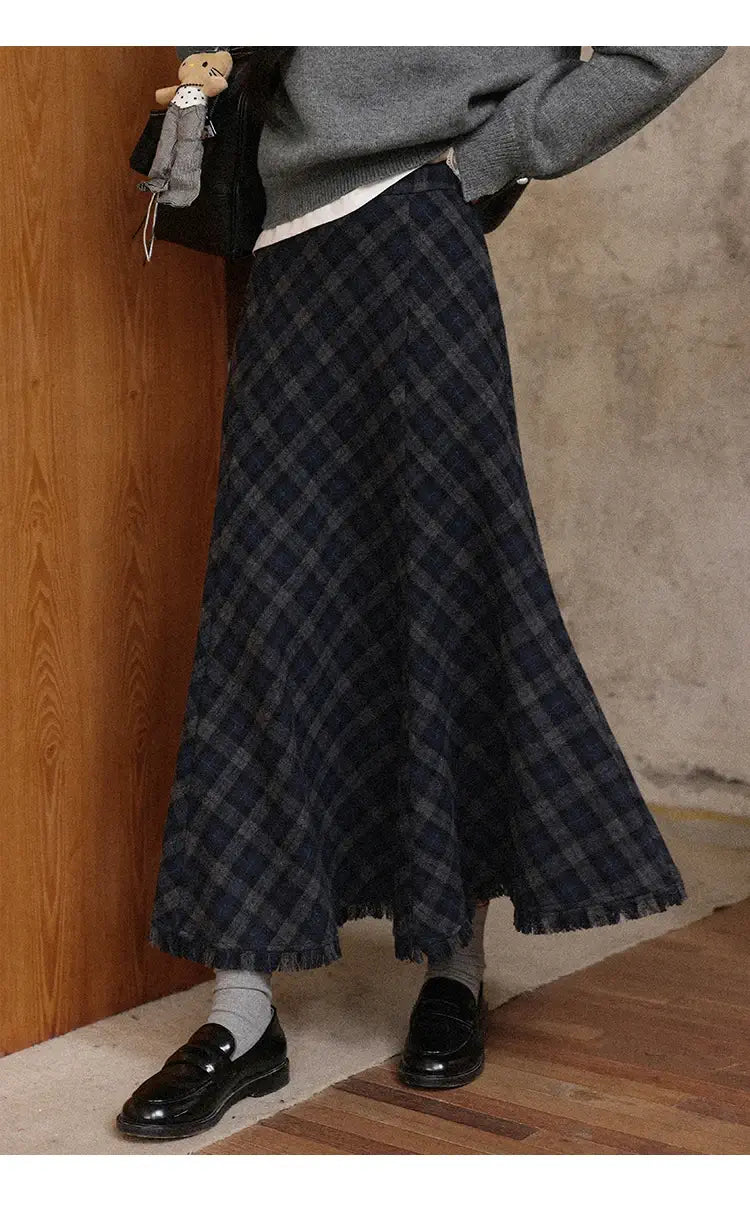 Gray Plaid A-Line Fishtail Midi Skirt with Tassel Trim - High-Waist Checkered Long Skirt for Office & Casual Wear