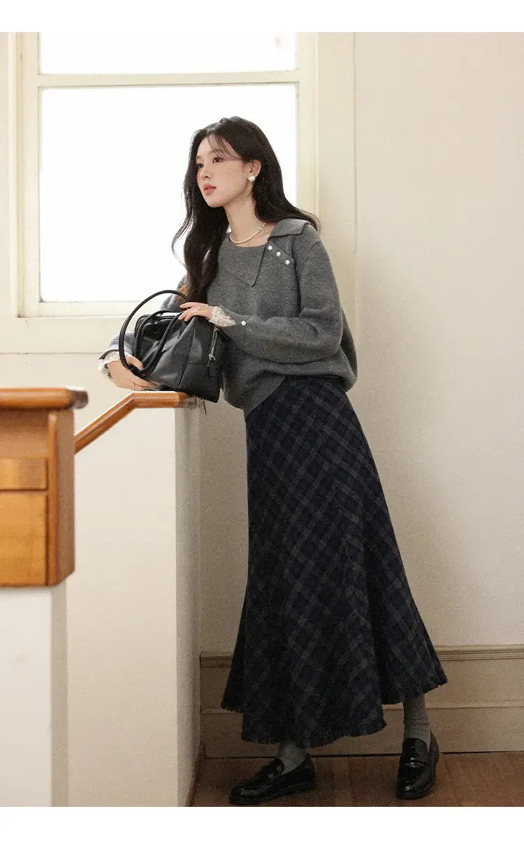 Gray Plaid A-Line Fishtail Midi Skirt with Tassel Trim - High-Waist Checkered Long Skirt for Office & Casual Wear