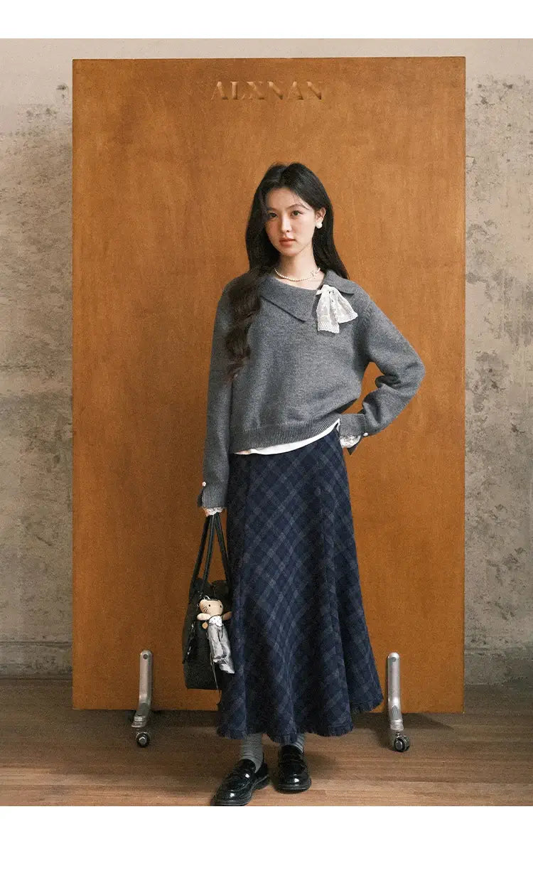 Gray Plaid A-Line Fishtail Midi Skirt with Tassel Trim - High-Waist Checkered Long Skirt for Office & Casual Wear