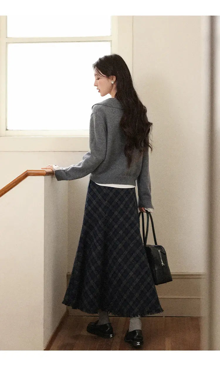 Gray Plaid A-Line Fishtail Midi Skirt with Tassel Trim - High-Waist Checkered Long Skirt for Office & Casual Wear