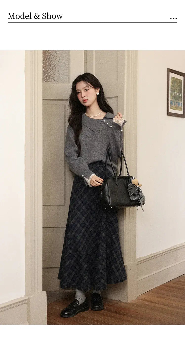 Gray Plaid A-Line Fishtail Midi Skirt with Tassel Trim - High-Waist Checkered Long Skirt for Office & Casual Wear