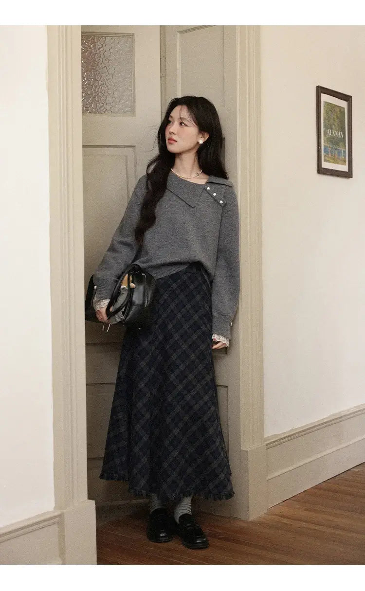 Gray Plaid A-Line Fishtail Midi Skirt with Tassel Trim - High-Waist Checkered Long Skirt for Office & Casual Wear
