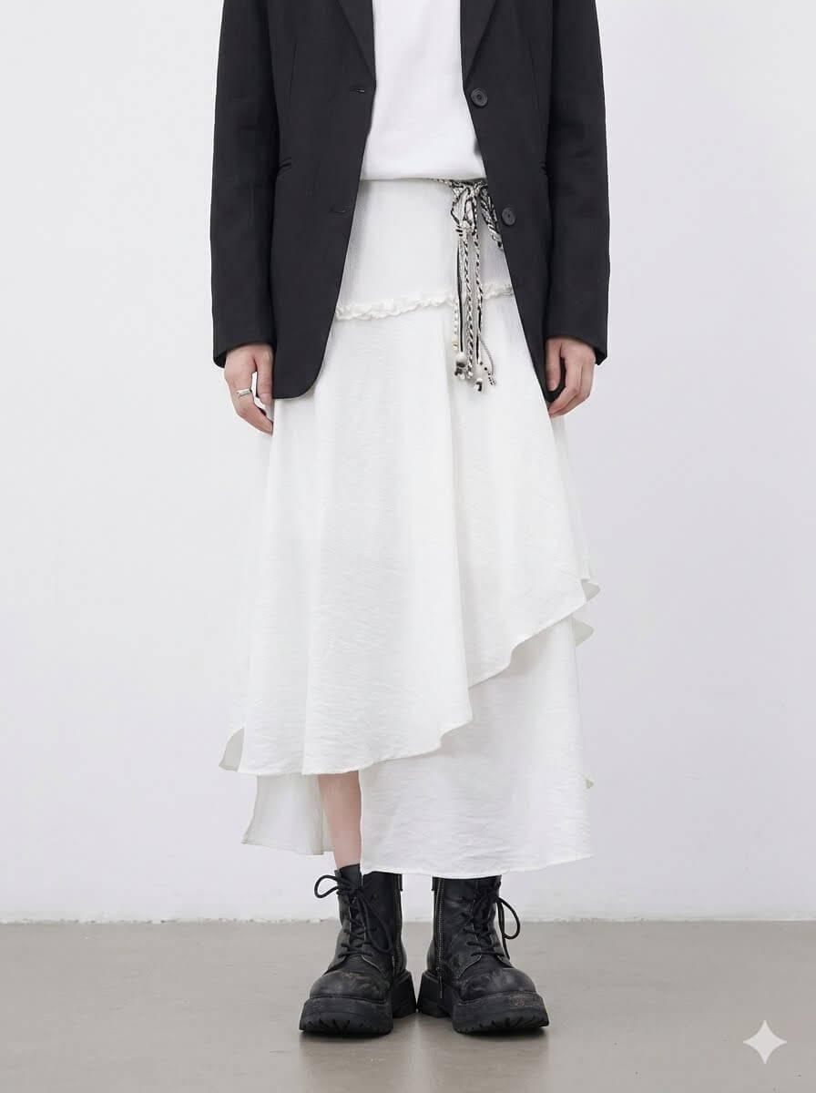 High-Waisted White Asymmetric Midi Skirt with Removable Belt - Loose Casual Pleated Skirt for Women, 2026 Summer